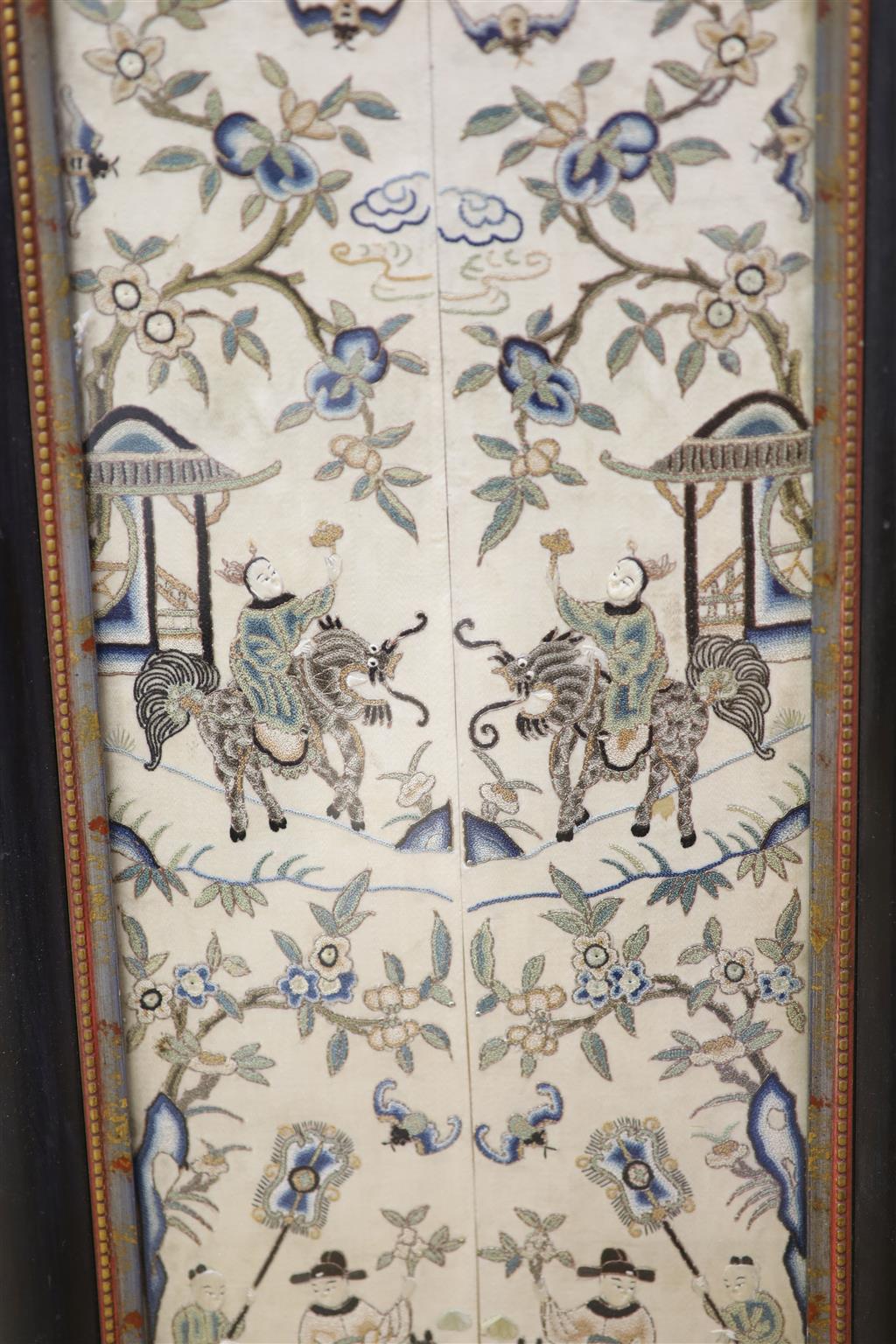 A pair of Chinese sleeve panels (single black frame), width 16cm, height 50cm and another, larger